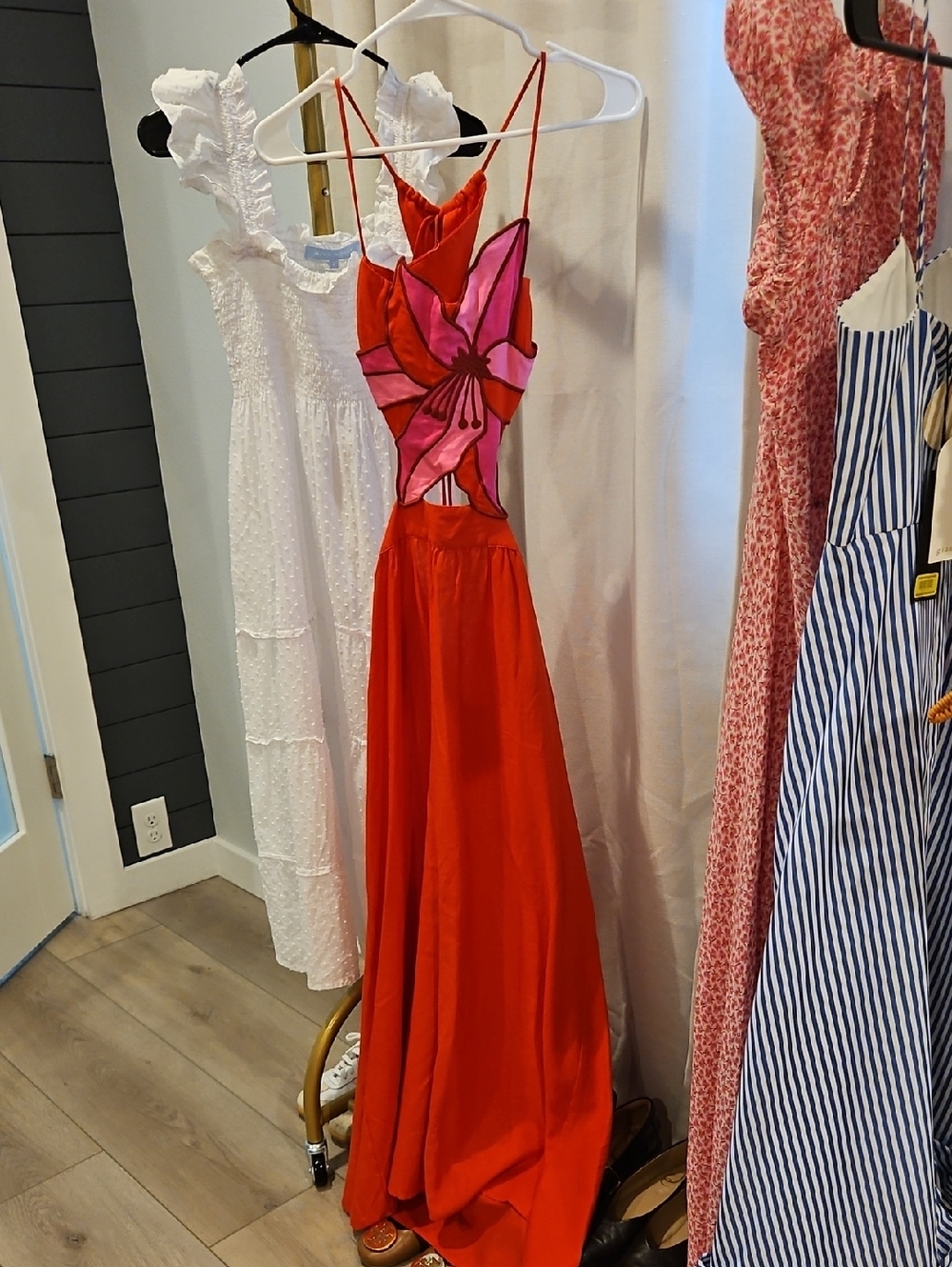 FARM Rio Red Maxi Dress with Pink Floral Cutout Bodice